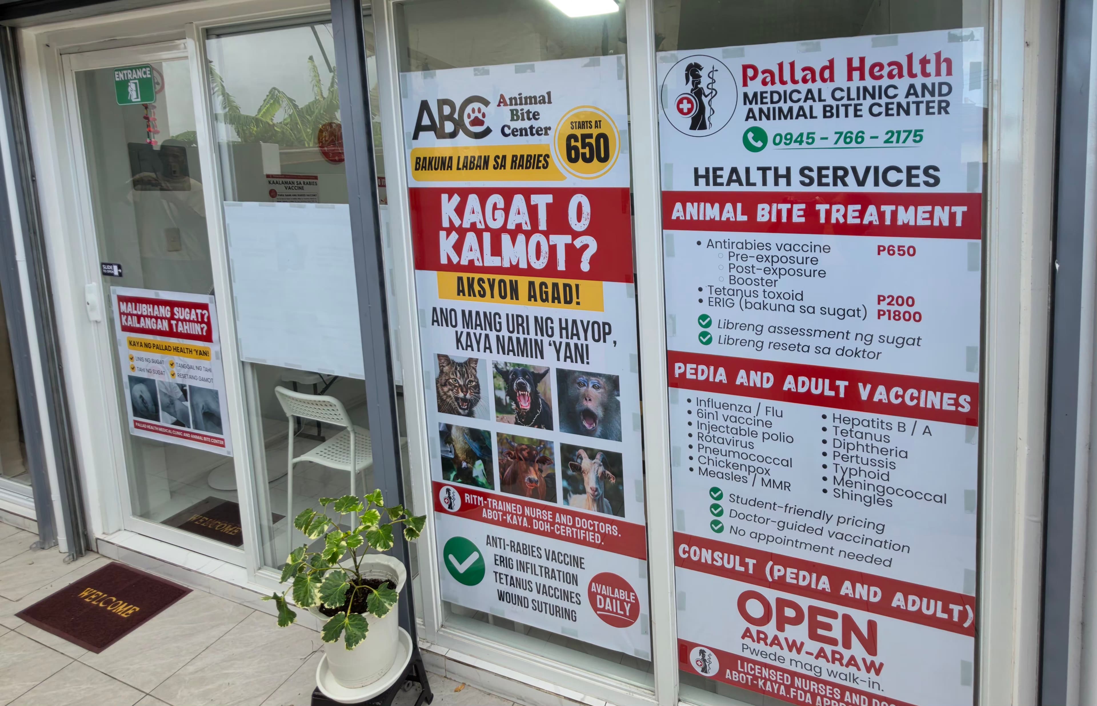 Exterior storefront of Pallad Health Medical Clinic and Animal Bite Center in Bauan, Batangas